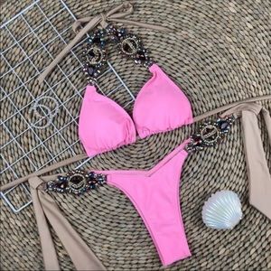 Custom Bling Bikini Modeled Small Pink Embellished Barbie Pink Sexy